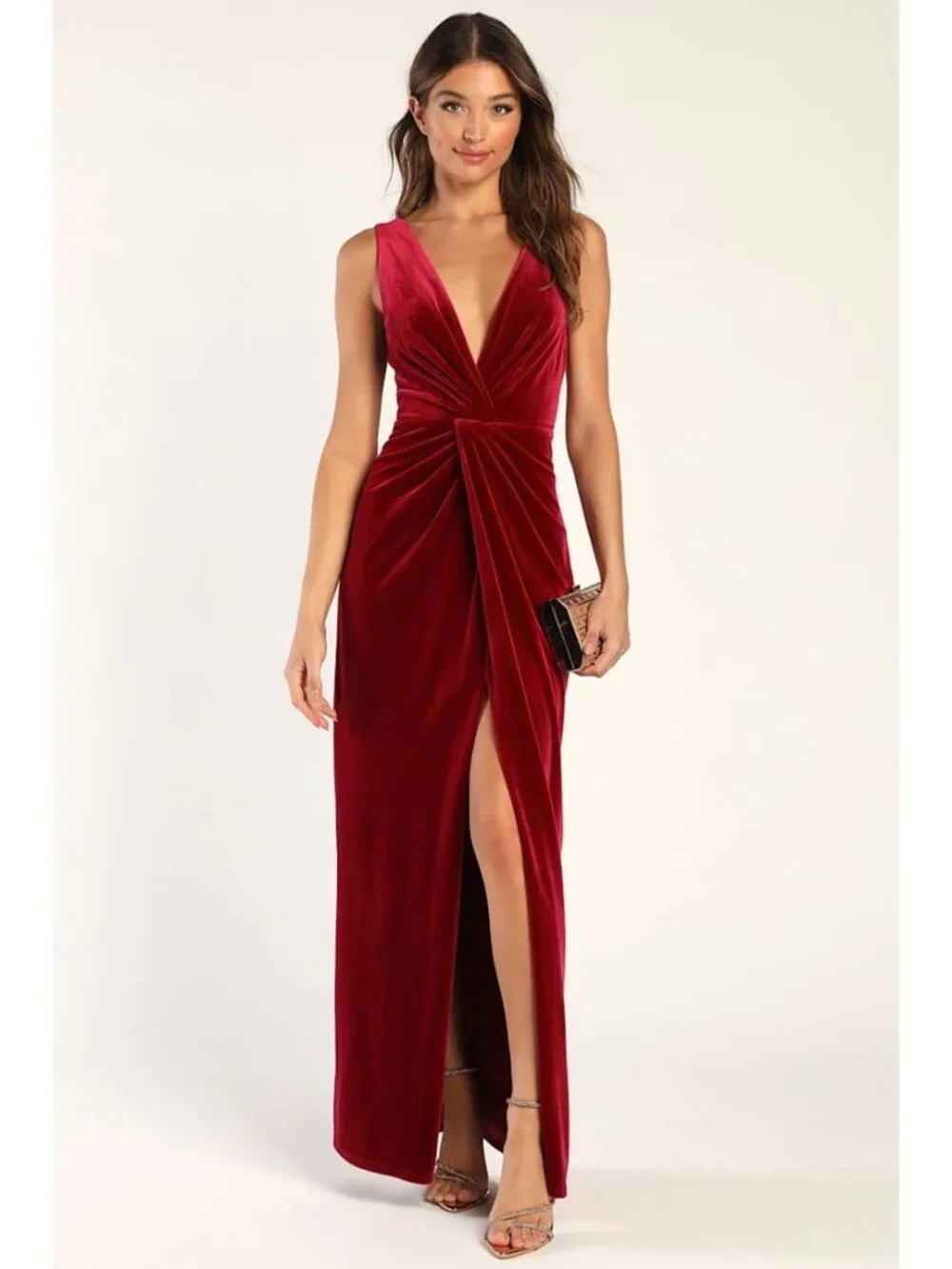 Lulus Evenings Wine Red Velvet Twist-Front Maxi Dress Long Gown M Velour Wedding